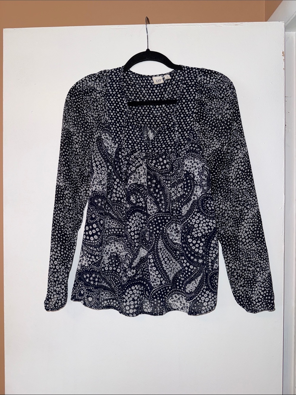 GAP Navy and White Patterned See Through Long-Sleeve Blouse